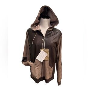 Vintage De Luxe Italian Men’s Hooded Jacket with a Mix of Brown and Tan Colors